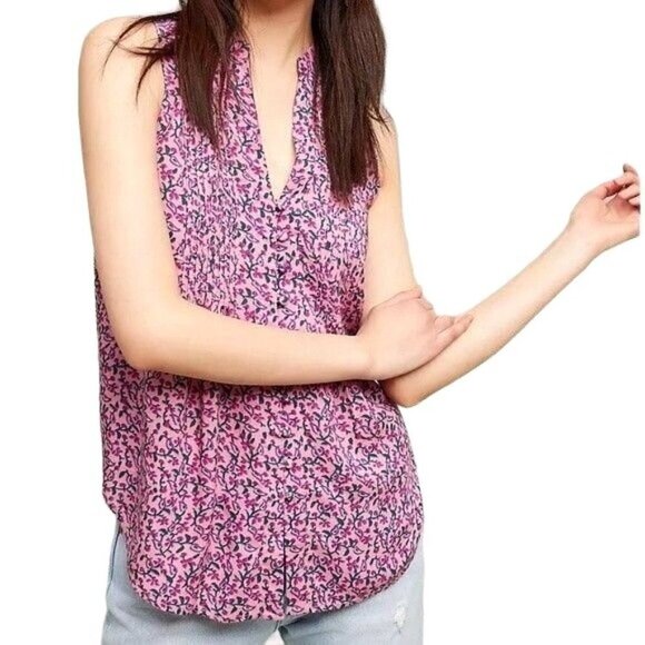 Maeve Anthropologie Purple Petunia Floral Print Pintucked Tank‎ Blouse XS - Picture 1 of 10